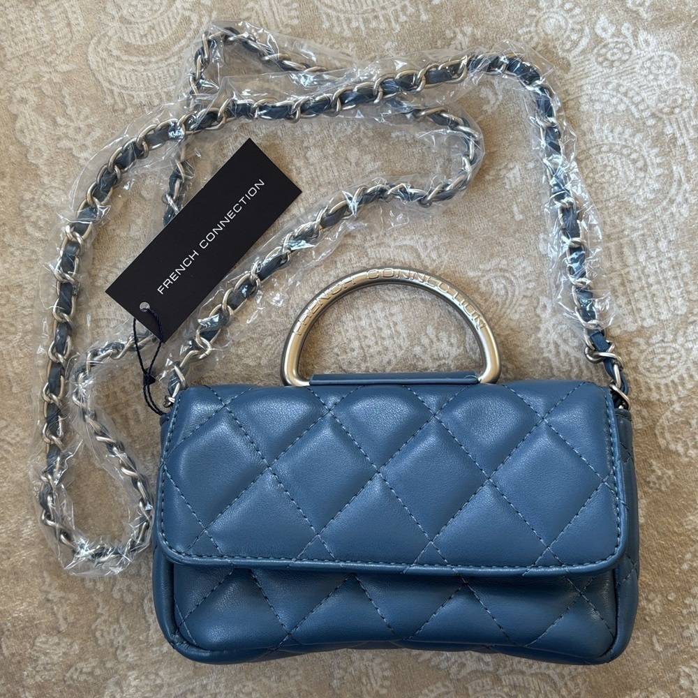 Brand New French Connection Blue Quilted Crossbody Bag Chain Purse Top Handle